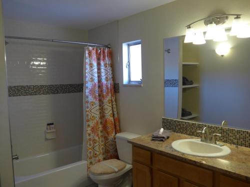 a bathroom with a shower and a toilet and a sink at Red Wing Motel in Manitou Springs