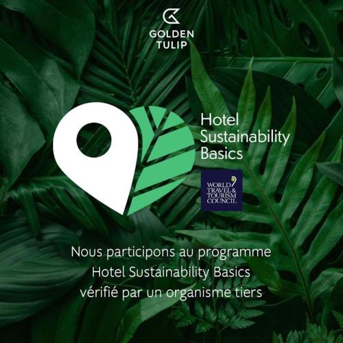 a poster for a hotel sustainable basics with green leaves at Golden Tulip Avignon Le Paradou in Avignon