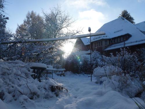 a snow covered yard with the sun behind a house at Villa-Hufeland in Berlin