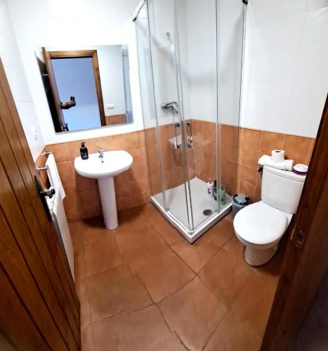 a bathroom with a toilet and a sink and a shower at Hostal Restaurante Monterde de Albarracín in Monterde de Albarracín