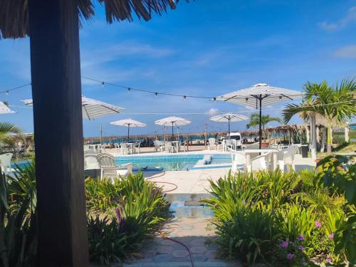 a resort swimming pool with umbrellas and chairs at Pacha beach club in Barra de Tuxpan