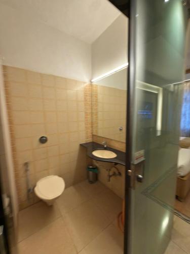a bathroom with a toilet and a sink at Hotel Roopa in Mysore