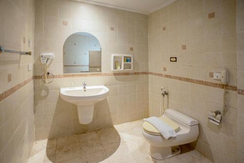 a bathroom with a sink and a toilet and a mirror at Mesra International Hotel in Samarinda