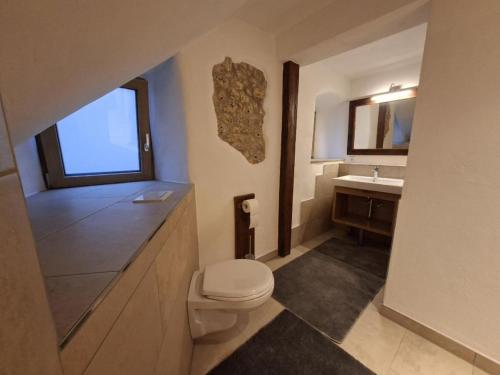 a bathroom with a toilet and a sink at Ferienhaus Wittmann in Beilngries
