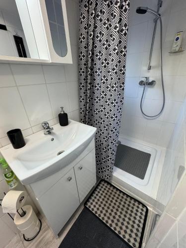a bathroom with a sink and a shower at Tomi Apartman in Velence