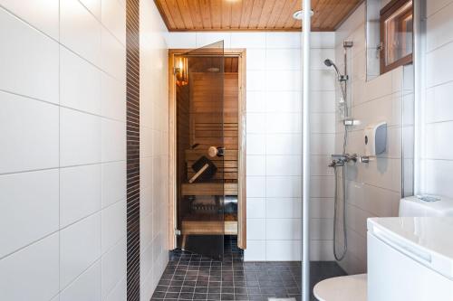 a bathroom with a walk in shower and a toilet at Himos Mökki superior - Chalet Cottage superior ski-in-ski-out in Jämsä