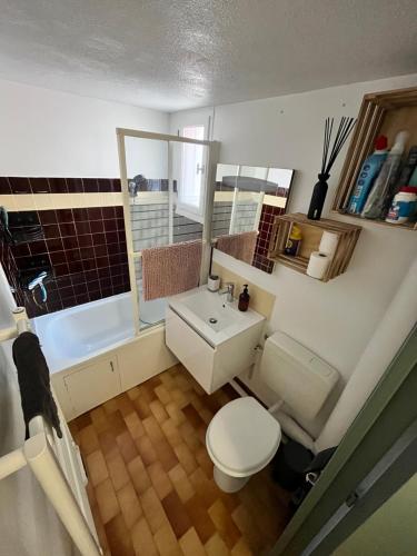 a bathroom with a toilet and a sink and a tub at Vacances Cap d'Agde 1 chambre, 1 mezzanine, parking et piscine in Cap d'Agde