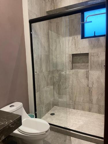 a bathroom with a toilet and a glass shower at Departamento Torre el Morado MAS EXPERIENCIA A CABALLO in La Concepción