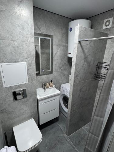 a bathroom with a shower and a toilet and a sink at Premium 2-Room Rental in Bălţi