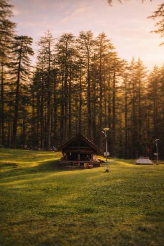 a wooden shelter in a field with trees in the background at Ananta Valley Home's in Kulu