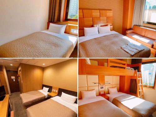three different pictures of a room with two beds at HOTEL RELIEF Sapporo Susukino in Sapporo