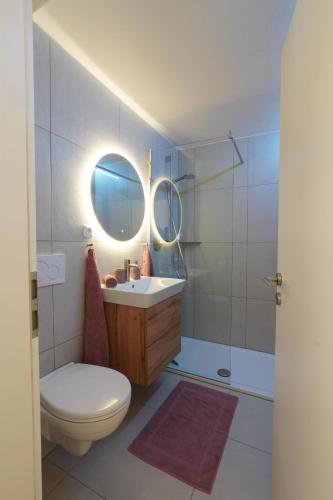a bathroom with a sink and a toilet and a mirror at Dahoam beim Haas in Rieden