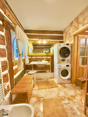 a bathroom with a sink and a washing machine at Wellness Roubenka u Obory in Svratouch