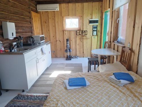 a kitchen with a bed and a sink and a table at Karikakra Holiday in Pärnu