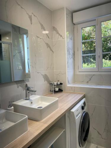 a bathroom with a sink and a washing machine at Le Rennes Gare in Rennes
