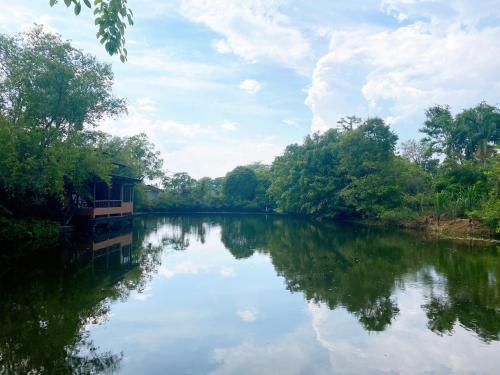 a river with a house and trees on the side at บ้านสวนภูรจิตร Baansuanphurajit in Ban Nong Pa Kha