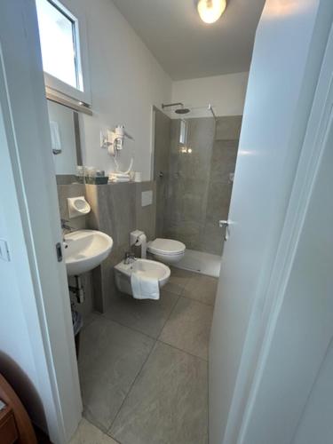 ein Badezimmer mit Dusche, Toilette und Waschbecken in der Unterkunft Hotel Soave in Cervia