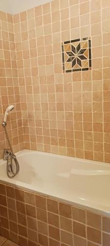 a bath tub in a bathroom with brown tiles at Vautrain in Artignosc-sur-Verdon