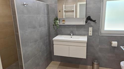 a bathroom with a sink and a mirror at Residenz Agnes in Beckingen
