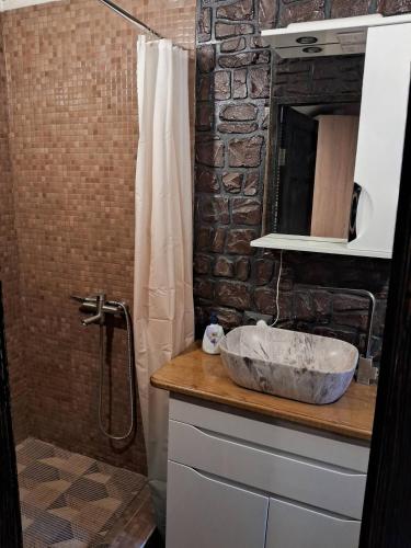 a bathroom with a marble sink and a shower at Гостевая комната in Kyiv