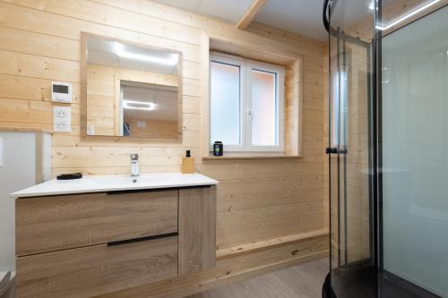 a bathroom with a sink and a shower at Gite Nature Ressourcement-Vosges in Le Tholy