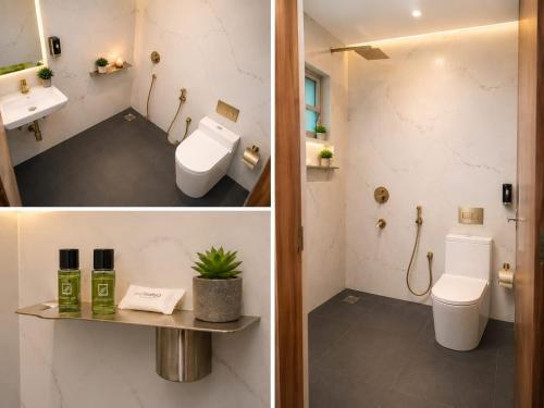 two pictures of a bathroom with a toilet and a sink at Keerthis Grand Hotel near Kempegowda International Airport in Bangalore