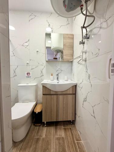 a bathroom with a sink and a toilet and a mirror at Domi's Cottage in Agia Triada