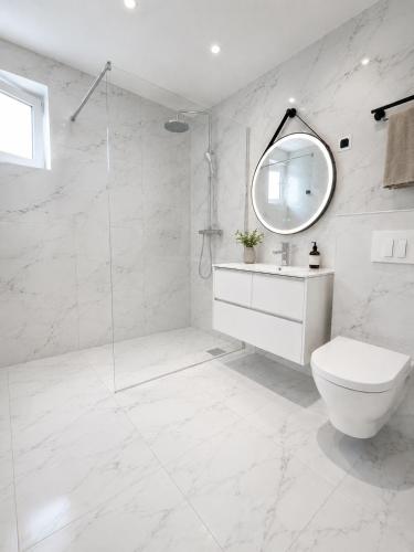 a white bathroom with a toilet and a mirror at Villa Hillside Apartment in Jesenice