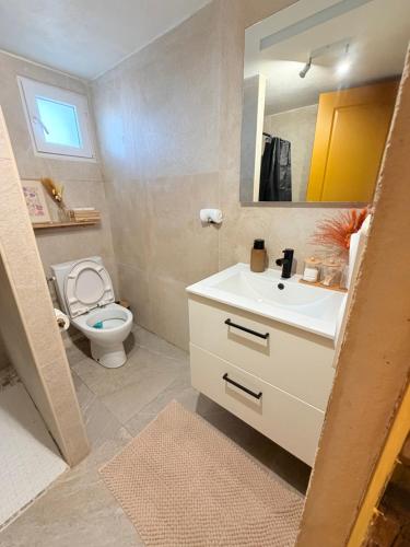 a bathroom with a toilet and a sink and a mirror at Lumière du paradis in Villes-sur-Auzon