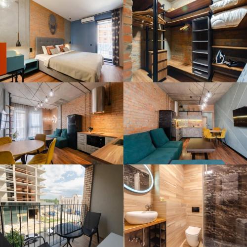 a collage of photos of a hotel room at 3-217 Rybalsky, Naberezhno Rybalska 3, Kyiv centre, panoramic city view, 15 kW backup power, Petrovdom Apartment in Kyiv