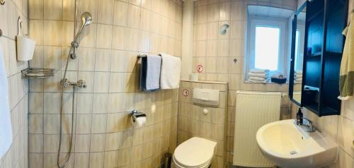 a bathroom with a toilet and a sink and a shower at Pension Merkle in Ichenhausen