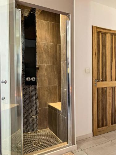 a shower with a glass door in a bathroom at Maison Paillette à Saint Saturnin in Saint-Saturnin-lès-Avignon