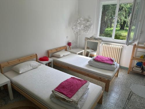 two beds in a room with two windows at Hébergement TRAVAILLEURS in Monestrol