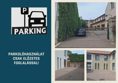eine Collage aus Bildern eines Parkschildes und einer Straße in der Unterkunft Mathias Rex in Szentendre