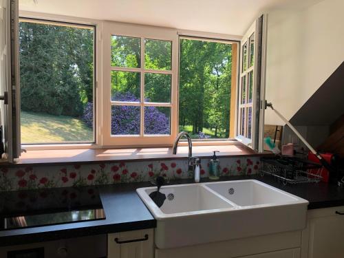 a kitchen with a white sink and two windows at Le Mariotte in Pont-et-Massène