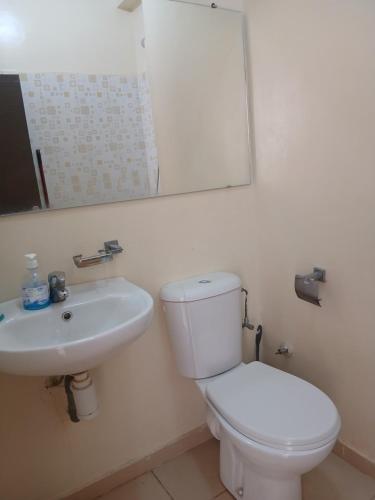 a bathroom with a white toilet and a sink at Irini in Ifrane