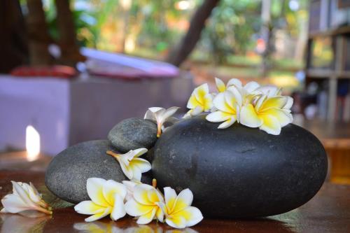 a group of rocks with flowers on a table at Namaste Yoga Farm in Gokarna