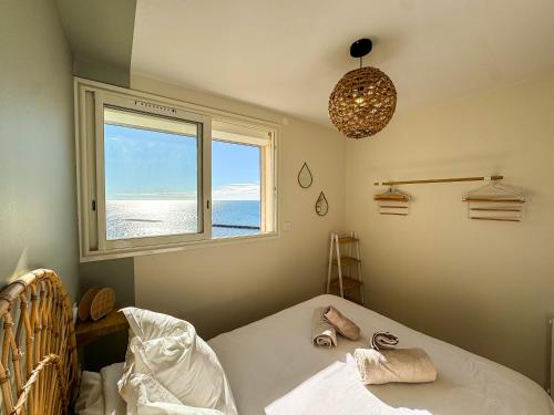 a bedroom with a bed and a window with a view of the ocean at La Tour Alba in Valras-Plage