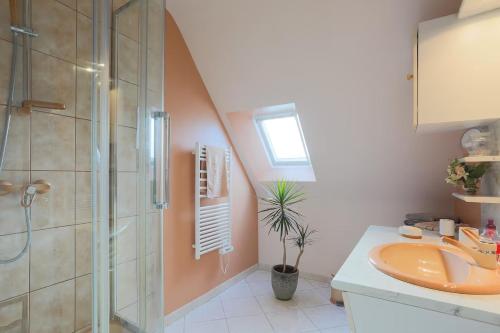a bathroom with a sink and a shower at Chambres D'hôtes Soizic in Paimpol