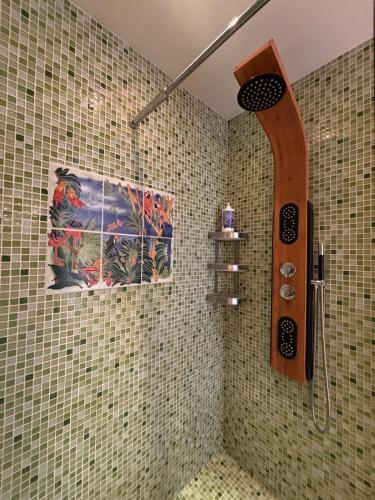 a shower in a tiled bathroom with a shower head at La Maison des Eléphants in Vivonne