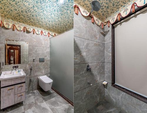 a bathroom with a shower and a toilet and a sink at Bijainagar Fort in Jāmb