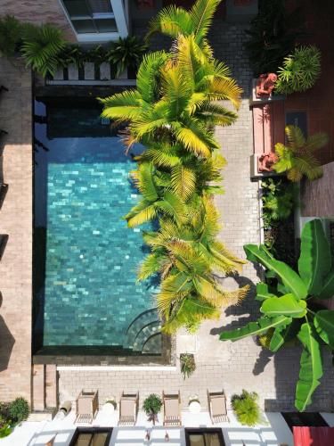 a large swimming pool with chairs and a palm tree at La Fontaine de Tara Boutique Hotel in Siem Reap