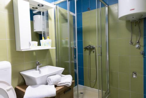 a bathroom with a shower and a sink and a toilet at Banja Koviljača Apartmani Matić in Banja Koviljača