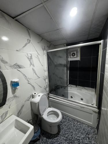 a bathroom with a toilet and a shower and a sink at Cağaloğlu Apart Butik Otel in Atakum