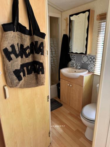 a bathroom with a tote bag hanging from a door at Camping paradis in Clohars-Carnoët