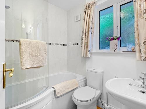 a white bathroom with a toilet and a sink at Exmoor View Wootton Courtenay in Minehead