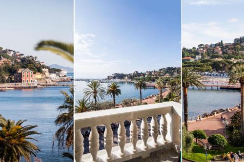 a collage of three pictures of a river and a city at Hotel Vesuvio in Rapallo