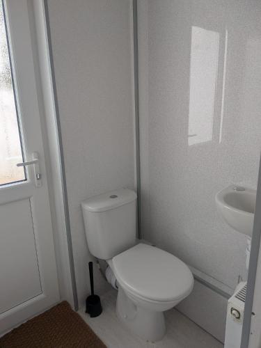 a white bathroom with a toilet and a sink at Sandham Hall Cottage in Sandown