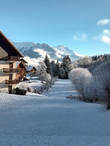 a snow covered path in front of a house at Le Bochate in La Celle-sous-Gouzon
