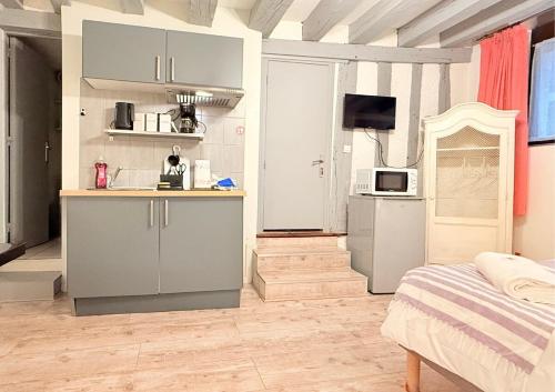 a room with a kitchen and a living room at Studio Le Logis de l Hermine Centre historique Classé 3 étoiles in Blois